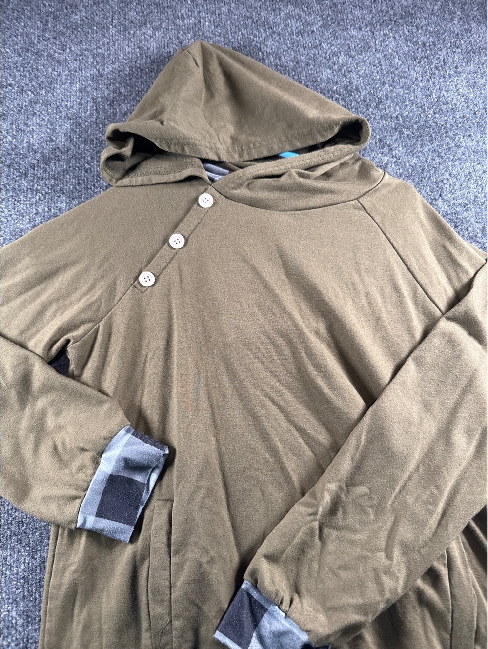 Womens 2XL Olive Green Hooded Henley Top Plaid Cuffs Long Sleeve Pullover